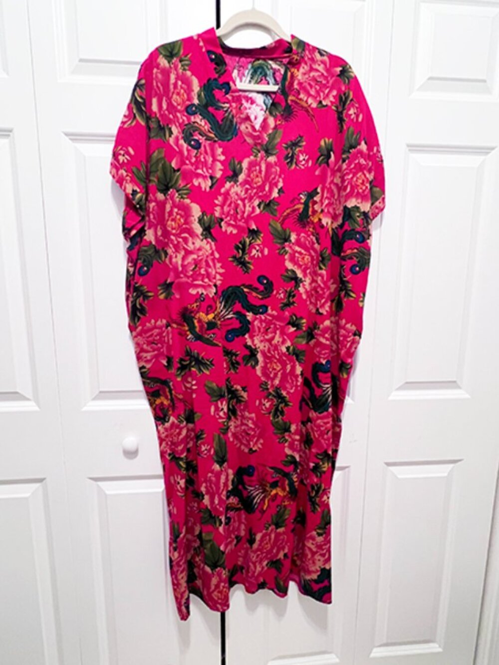 Linen Blend, Short Sleeve, Red Maxi Dress 100% Linen | Tropical Foliage Print
